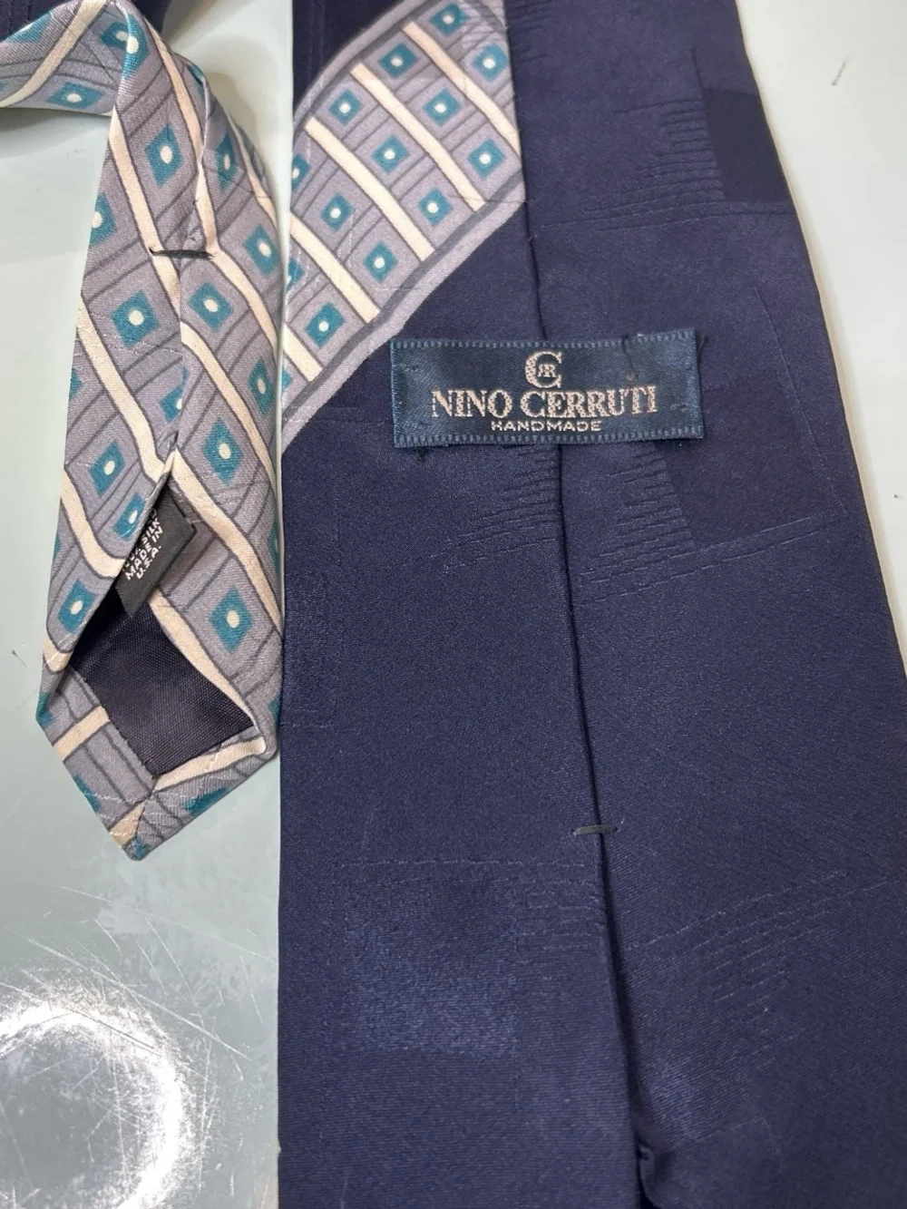 Navy Geometric Tie with Red Diamond Accents